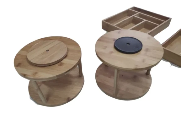 Addreen Multi-Use Home Decor Bamboo 2-Tier Round Wooden Plate Rack Potted Plants Holder Kitchen Counter Organizer