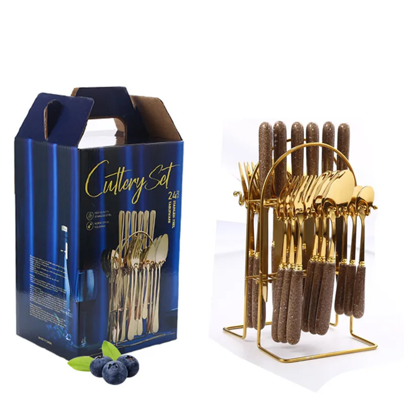 24 pcs gold and silverware cutlery set with stand stainless steel cutlery set mirror polished can be used for dishwasher