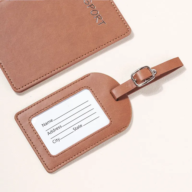 PU Leather Travel Set Custom Logo Passport Holder Luggage Tag Set for Business Gift