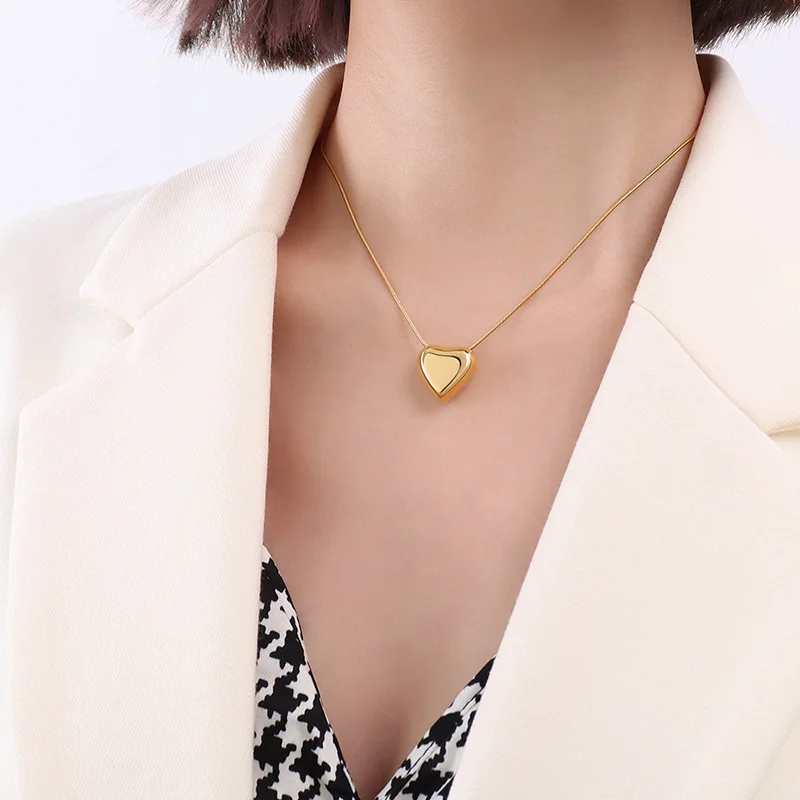 Custom Non Tarnish Free Waterproof Jewelry 18K Gold Plated Stainless Steel Snake Chain Link Big Heart Necklace collar