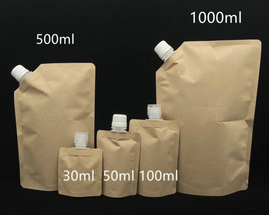 Eco friendly brown white black craft paper spout pouch kraft paper bag food grade biodegradable spouted pouches for liquid