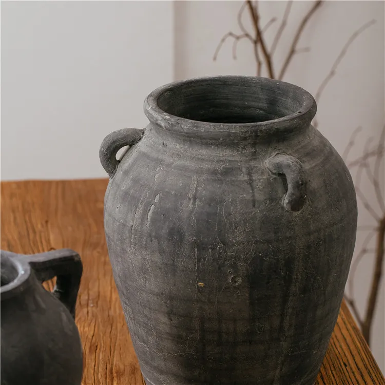 Vintage grey luxury indoor outdoor decoration hand made terracotta round pottery large vase antique vases for decor