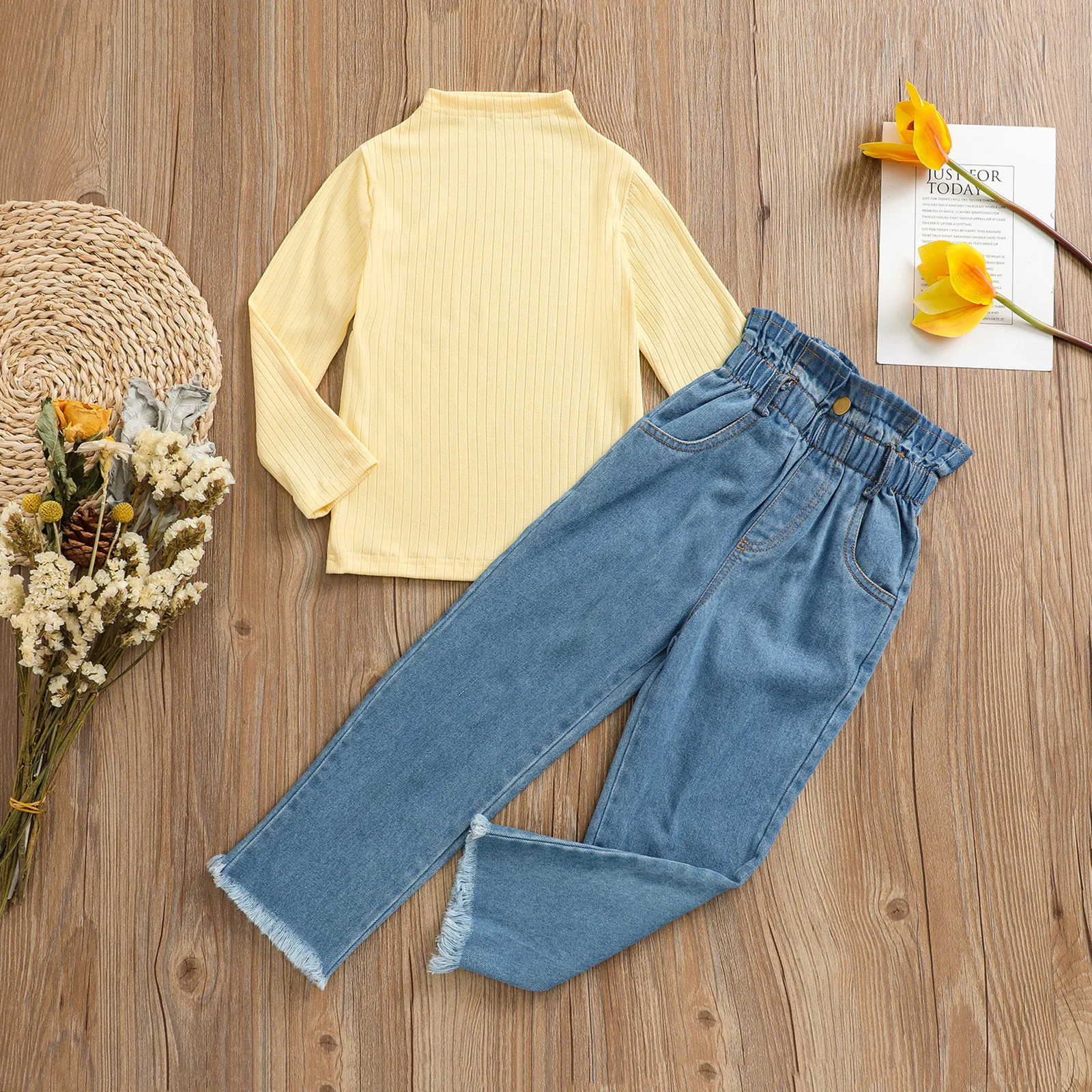 Solid Color Girls Clothing Sets 2021 Autumn Baby Girl Casual Suit Kids Clothes T-shirt+Denim Pants Children Suit