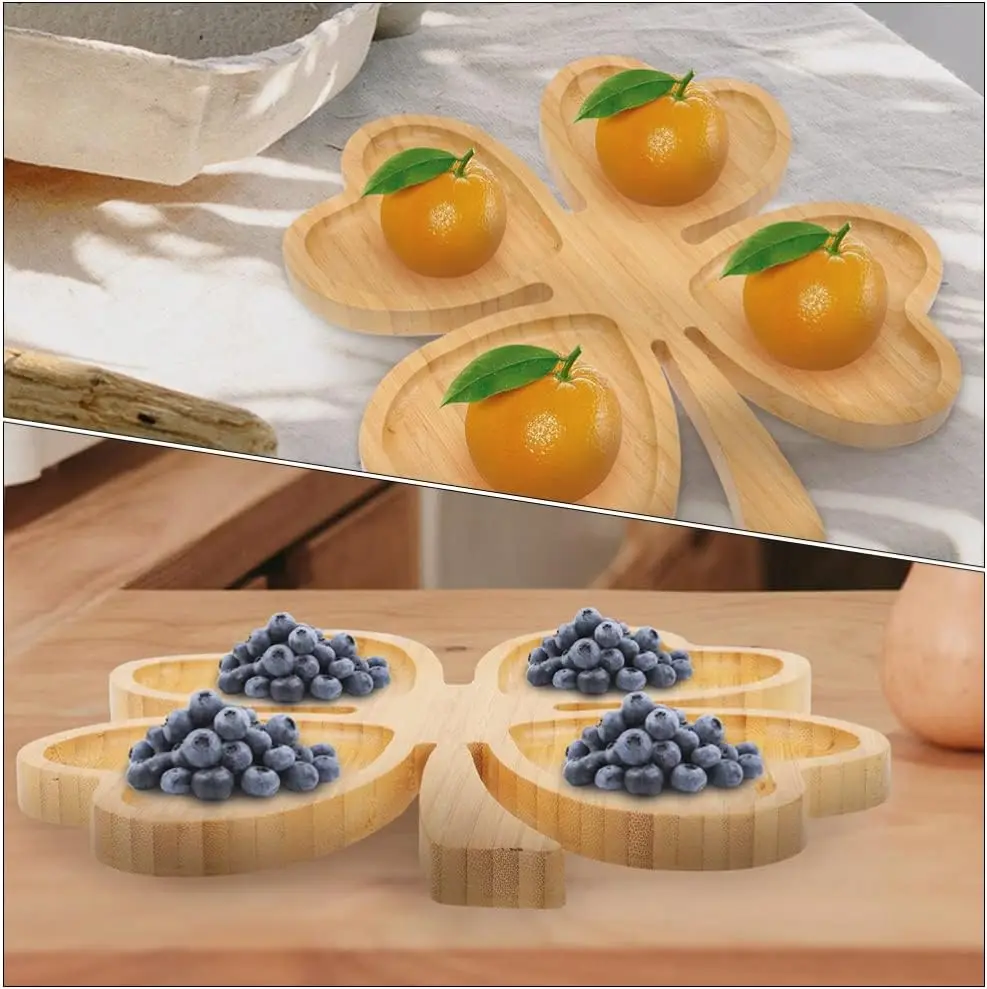 Multi Use Flower Shape Bamboo Plate, Wooden Snack Tray With Dividers parts bread tray kid school lunch tray