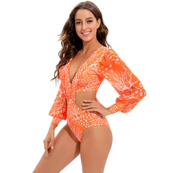 2022 Bikini Long Sleeve Swimwear Digital Print Push Up Summer Bath Suit Two Piece Bandeau Bikini Swim Suit