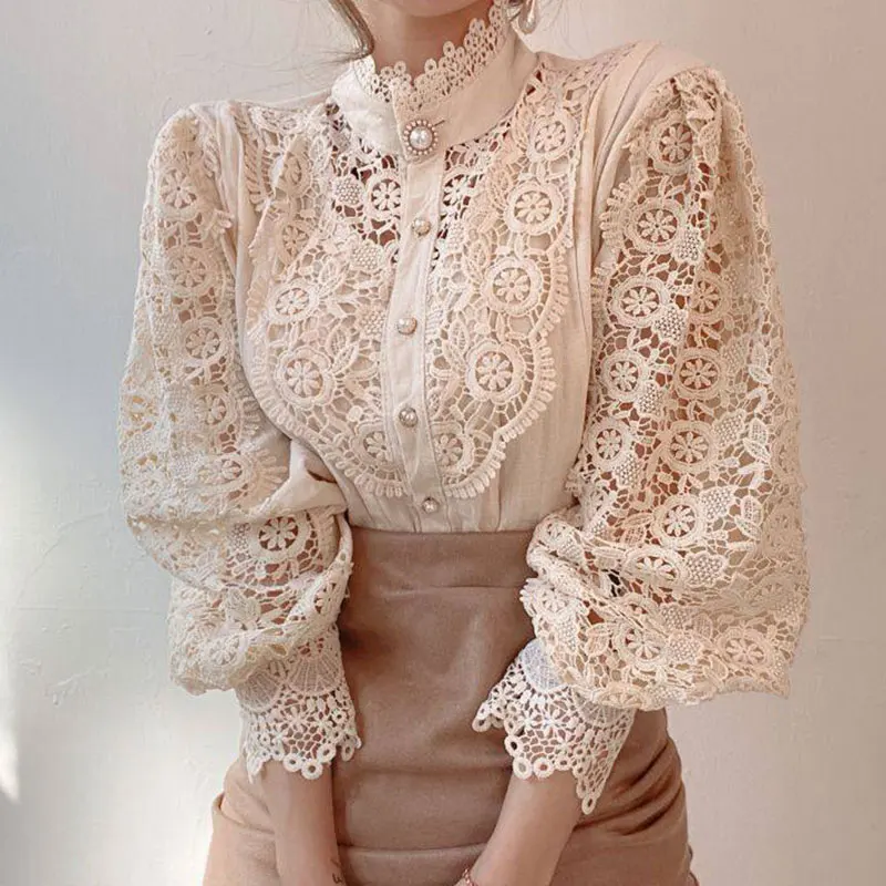 OEM Custom Petal Sleeve Stand Collar Blouse Hollow Flower Lace Patchwork Shirt All-match Chic Button Tops Women Blouse & Shirt