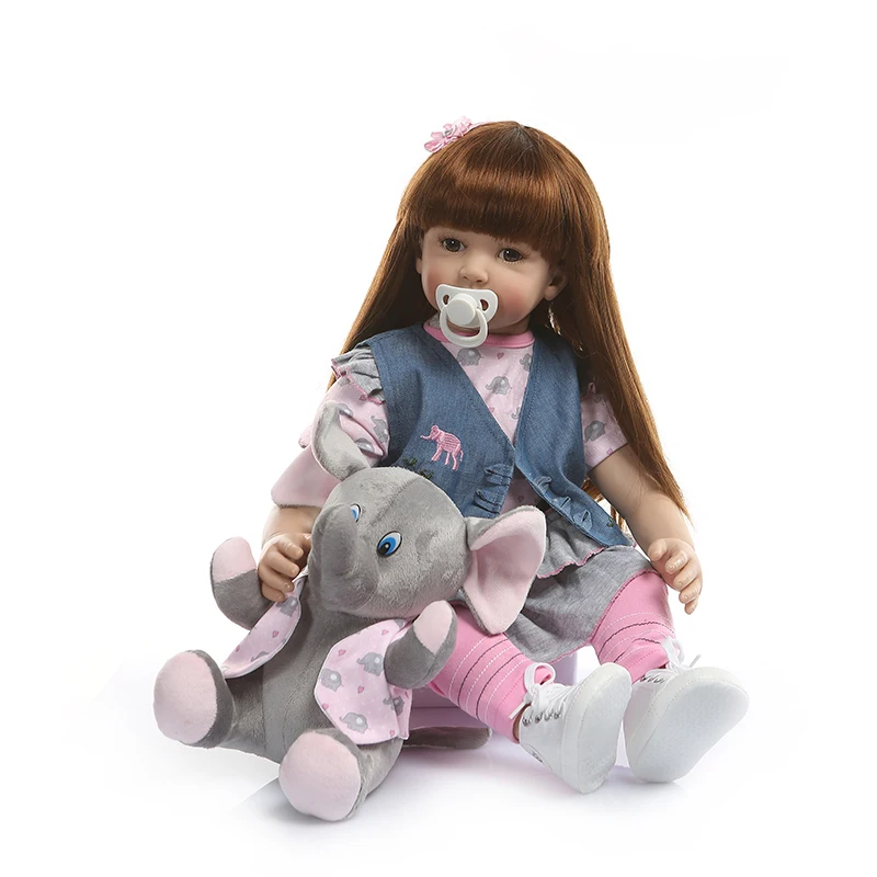 Высокое качество 60 см мягкие силиконовые Reborn для маленьких девочек куклы Bebe темно-коричневого цвета с длинными волосами кукла Большие размеры подарок на день