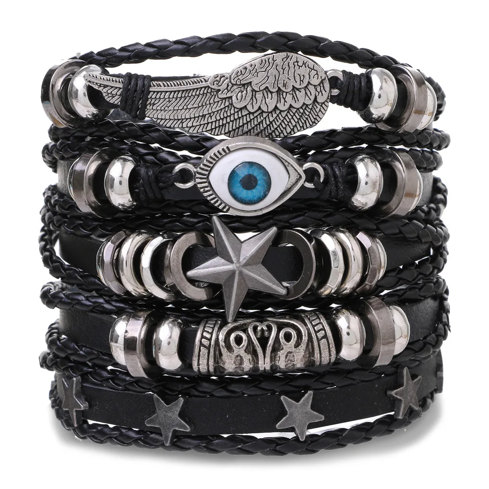 KISSWIFE Wholesale Vintage Men s Anchor Leaf Owl Multi Layer Wide Wrap Black Leather Tribal Bracelet Set For Men