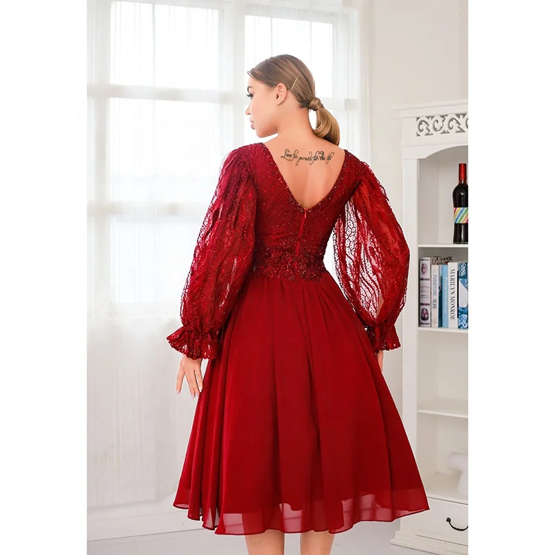  Plus Size Fashion Elegant Ball gown Short Mini Dresses Women Pure Red Lace Knee Length Party Evening With Long Sleeves