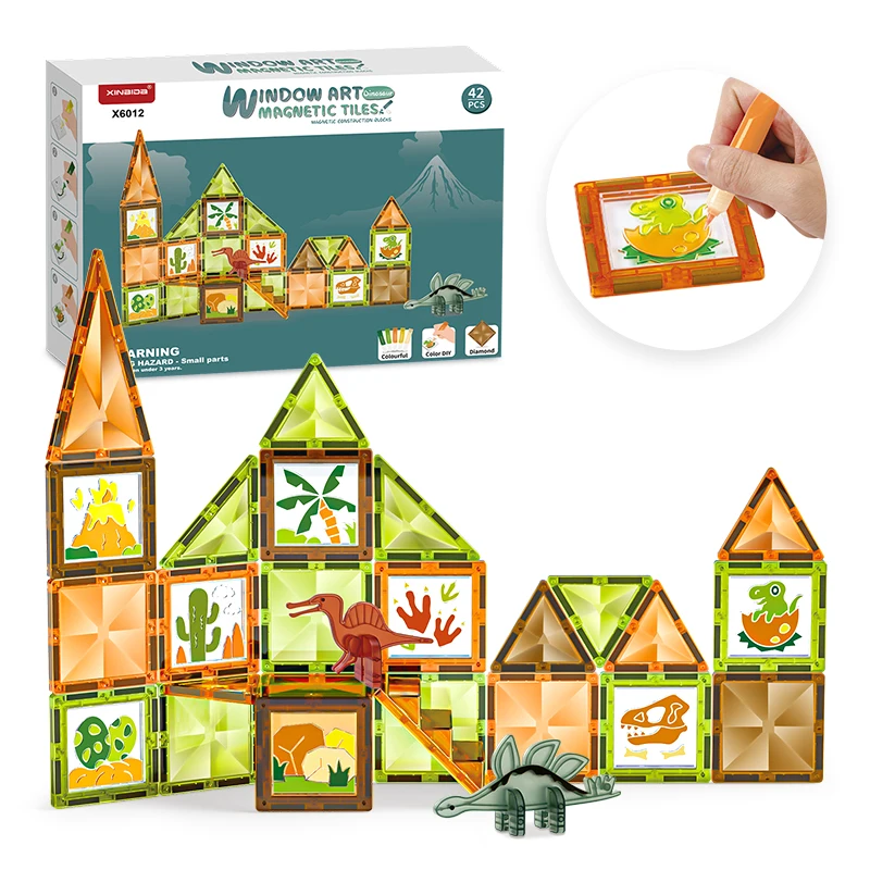 New Arrival STEM Magnet Tiles Plastic Dinosaur Magnetic Construction Building Blocks Set with Colorful Glue Gel For 3Y+ Kids