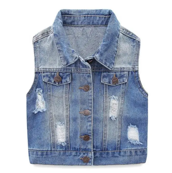 Chic Girls Sleeveless Blue Jean Single Breasted Vest with 2 Fake Pockets and Stylish Button Decoration