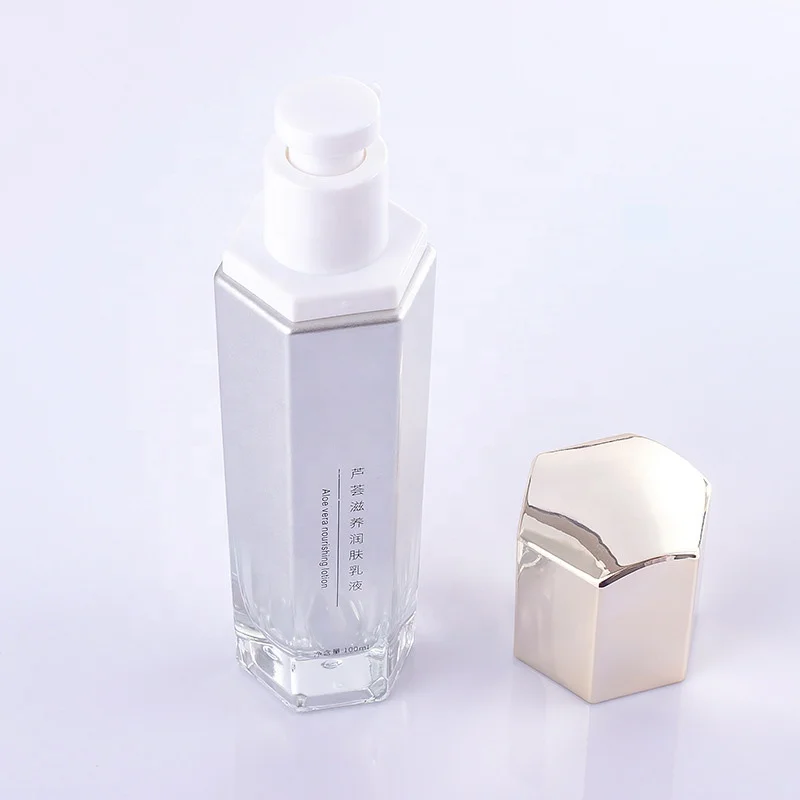 Luxury hexagon cosmetic glass pump bottle set skin care series face cream jar cosmetic packaging hexagon glass lotion bottle