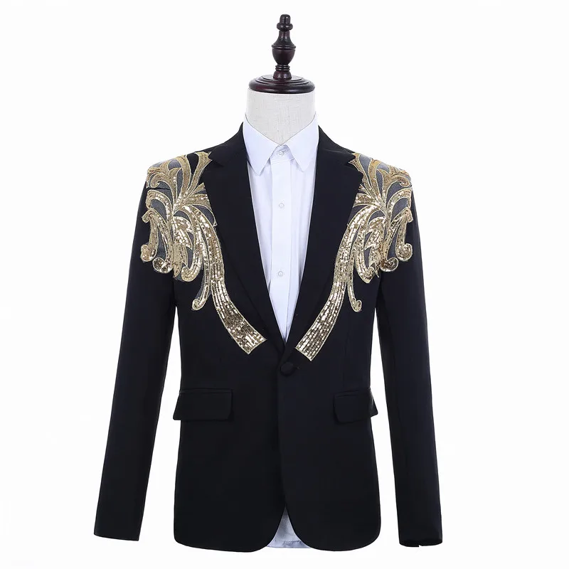 Men Classic Black Gold Sequins Suit Coat Latest Design Singers Perform Stage Jacket Dinner Party Wedding Costume Homme