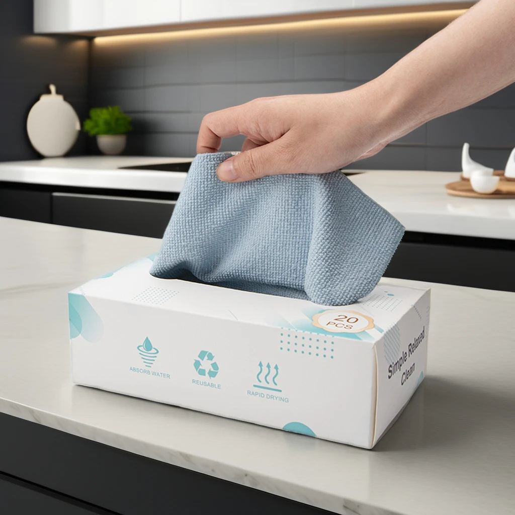 Customized Logo Kitchen Cleaning Towel Lazy Convenient Reusable Microfiber Cleaning Cloth Microfiber Towel Dispenser Box