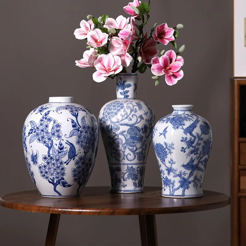 Jingdezhen ручная роспись сине-белая керамическая фарфоровая ваза классический декор в китайском стиле для прихожей и спальни