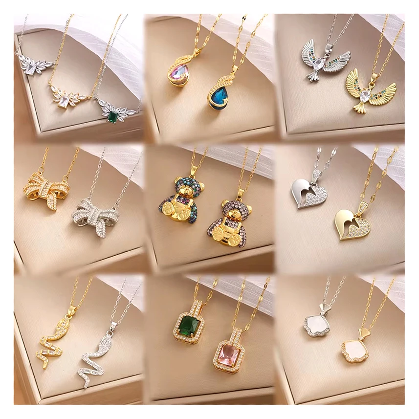 316L Stainless Steel Gold Plated Daisy Heart Bear Bow Zirconia Pendant Necklace for Women Girls Charm Luxury Jewelry