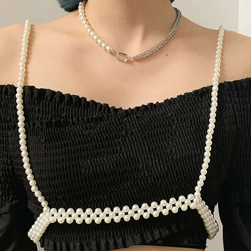 2022 Fashion Sexy Imitation Pearl Harness Belt Handmade Pearls Bead Elastic Vest Camisole Top All Match Shirts Dress