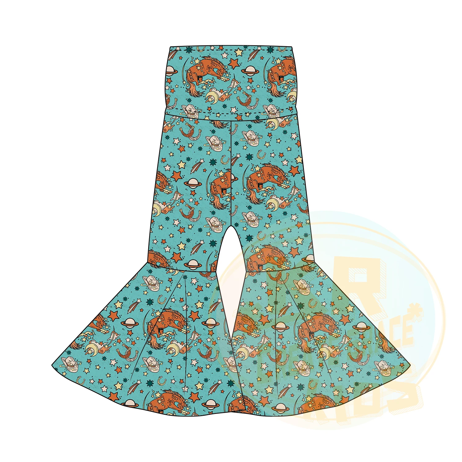 Manufacture Stylish Toddler Clothing Print Horse Poker Skull Star Boots Plaid High Waist Flares Trousers Girls Bell Bottom Pants