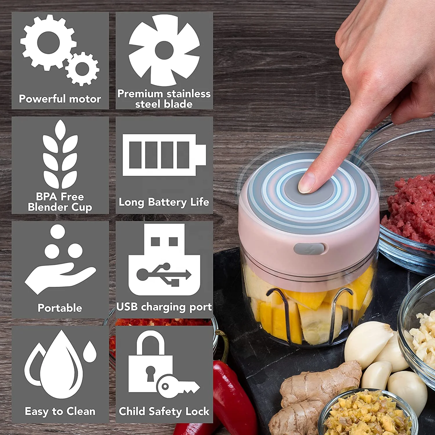 250ML Rechargeable Portable and Cordless Mini Food Processor  Electric Garlic Chopper with Stainless Steel Blade