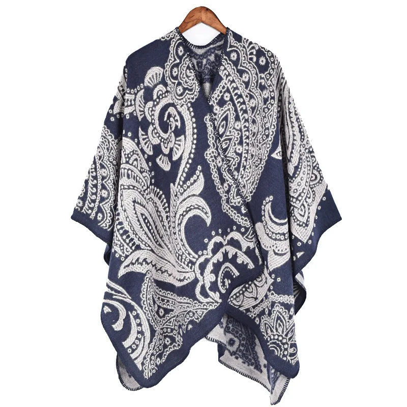 OEM Black Paisley  Acrylic Poncho Shawl New Black pattern women poncho  Classic Paisley Jacquard pattern Print  women  poncho