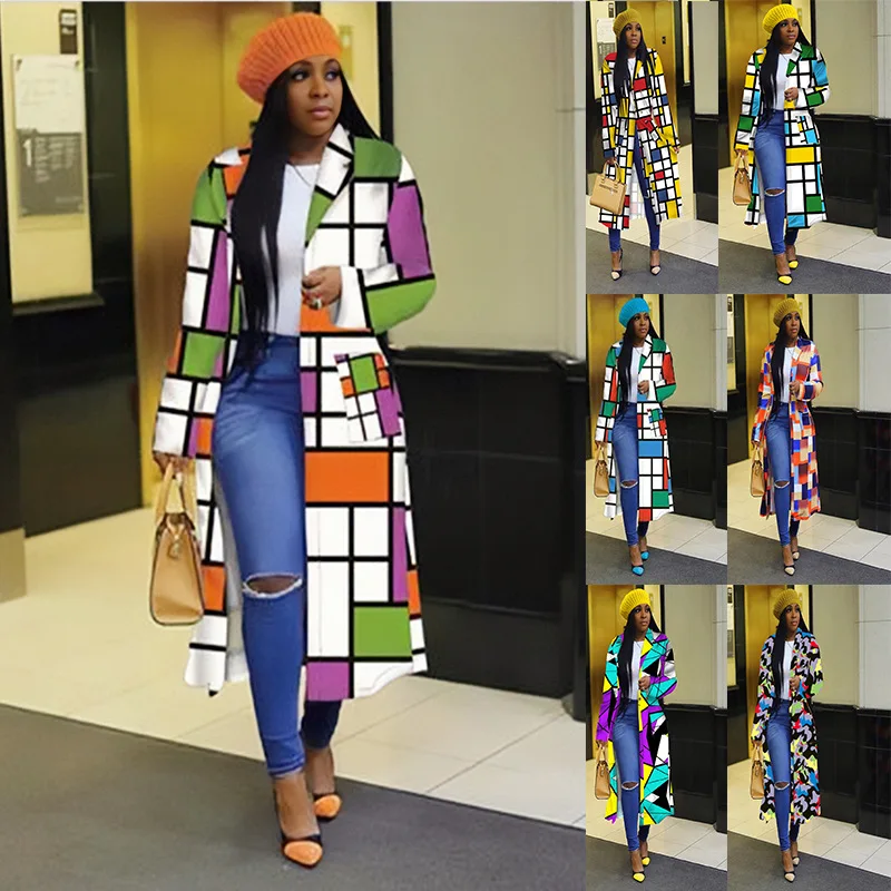 Autumn and Winter New Windbreaker Large Plaid Printing Double Breasted Lapel Coat Coat for Women