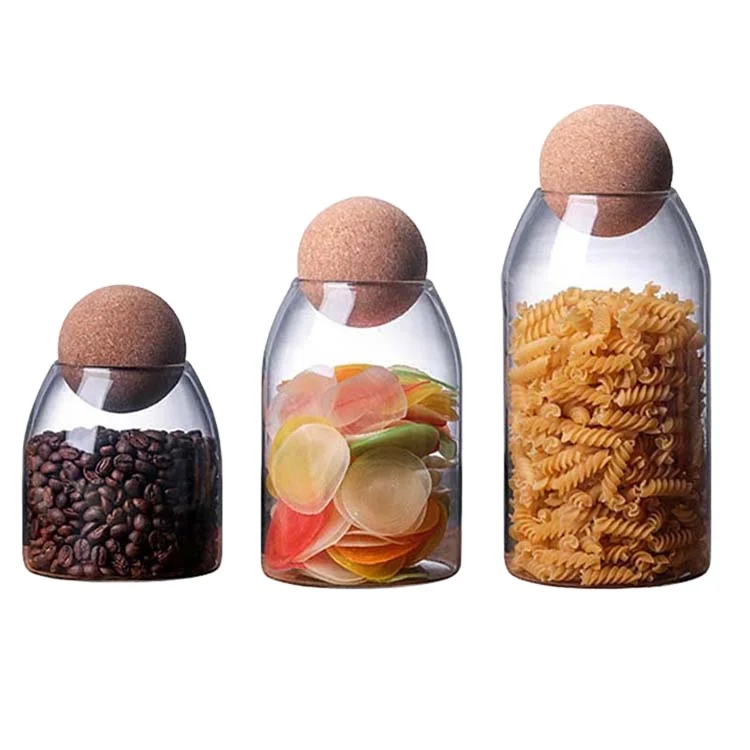 New Design Custom 20cm/1500ml  Serving Tea Coffee Spice Sugar Salt Airtight Seal Wood Cork Ball Glass Jar with Lid