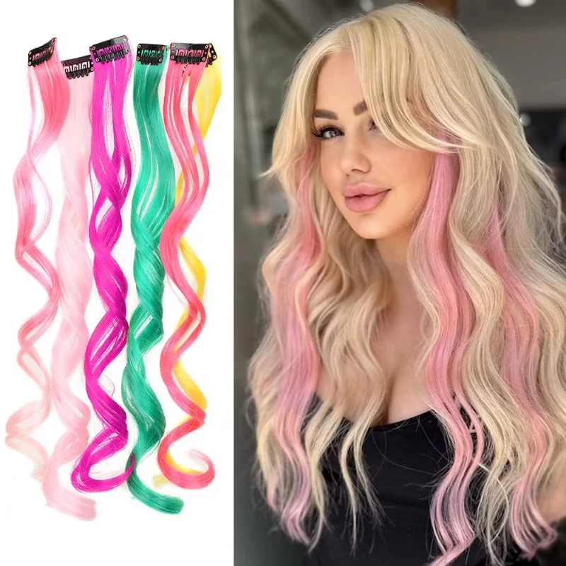 Wholesale Women Rainbow Color Synthetic Hair Extensions Hairpiece Clip in Colored Wave Curly