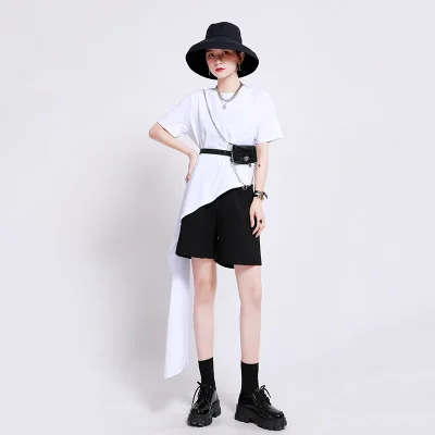 Однотонная футболка с асимметричным подолом, Женский нишевый дизайн, простой модный стильный топ с круглым вырезом и коротким рукавом, 1480