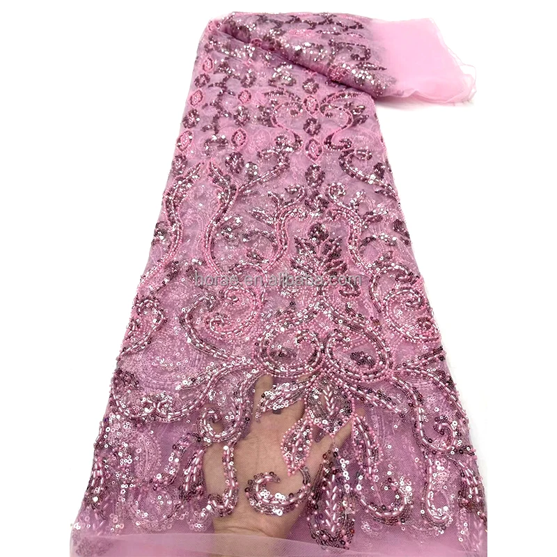 SF014 Wholesale Price Embroidery African Lace Mesh Fabrics Manufacturers 3D Heavy Beaded Sequin Fabric for Wedding Dress