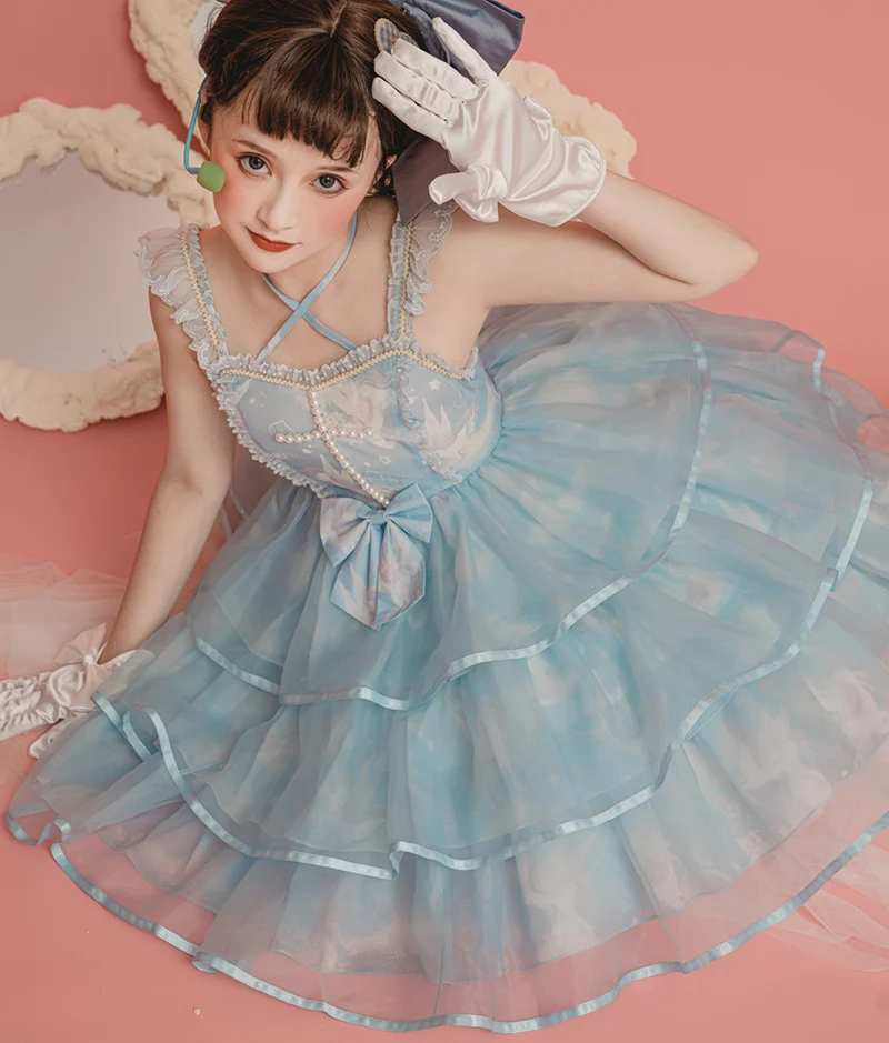 Summer soulier vintage casual JSK Women Skirt Costumes cake organza blue rhinestones girl lolita dress uniforms