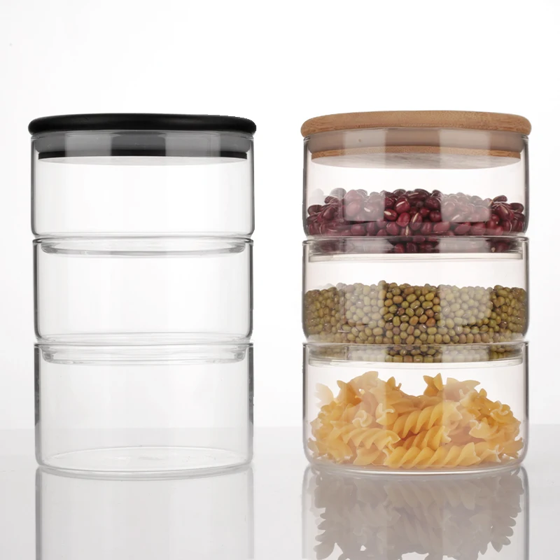Wholesale Multilayer Food Kitchen Cookies Candy Nuts Borosilicate Glass 3 Stackable Spice Jars with Bamboo Lids