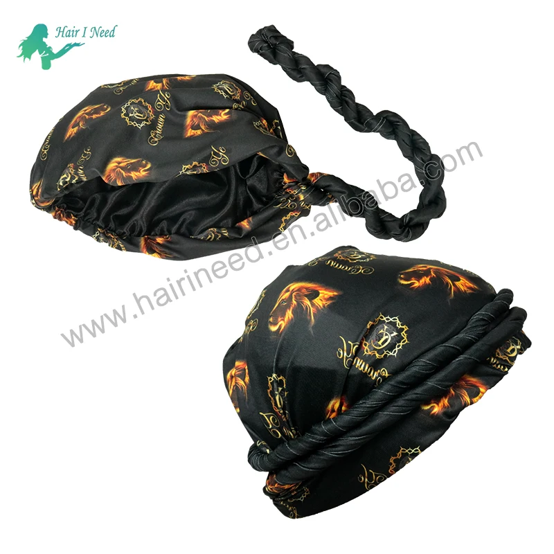 Custom Logo Printed Dome Wave Cap Bonnet Satin Turban Hat Hair Headwear Breathable Bottoming Durag Turban for Men