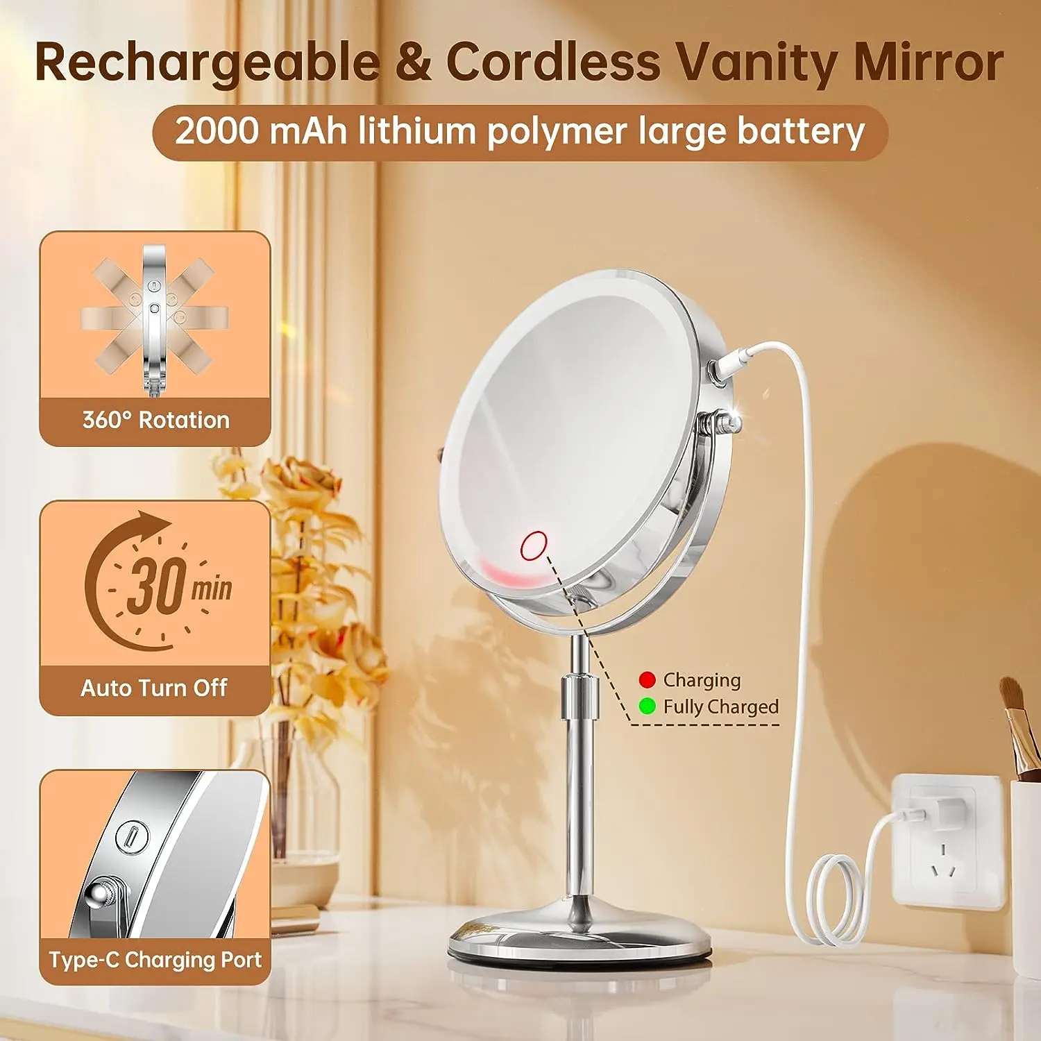 7 Inch 1500mah USB Rechargeable Battery Operated Metal Frame Lighted Double Sided Makeup Vanity Cosmetic Mirror