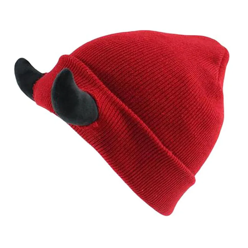Custom Logo Hip Hop Funny Halloween Party Devil Horn Ear Adult Winter Warm Cuffed Knitted Beanie Hat