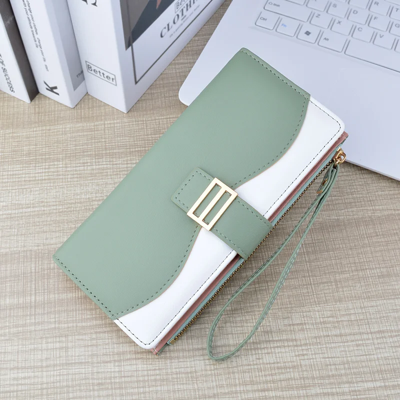 Fashionable Long Women Wallet Multi Card Bag Zipper Snap Button Wallet Contrast Soft Leather Wallet Handheld