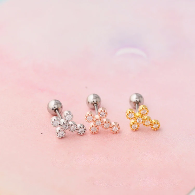 Hot sale Stainless steel silver gold rose gold 20G Cross Zircon Tragus Daith Conch Helix Cartilage Piercing earring
