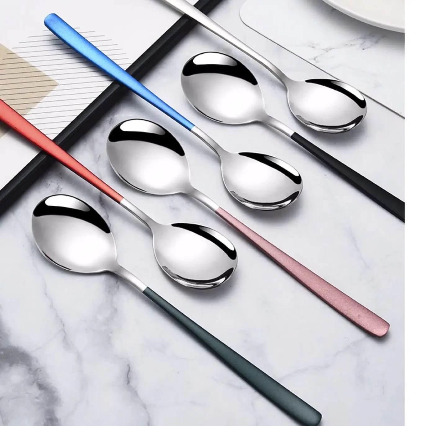 Korean Style Colorful Stainless Steel 304 Titanium Spoons Metal Dinner Long Spoon Set