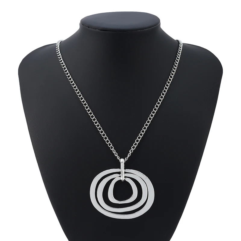 
Antique Silver Large Statement Abstract Metal Irregular 3 Circles Pendant Necklaces on Long Link Chain Lagenlook 34
