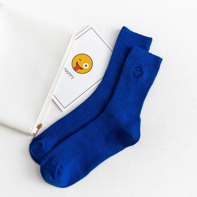HEHE Custom Cotton Logo Autumn and Winter crew socks pure fluorescent color socks for women with embroidery smiley face patterns