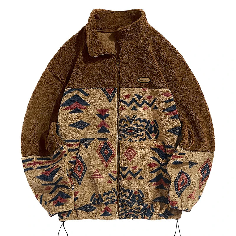 High quality Custom Sherpa Polar Fleece Zip Up Fly Fluffy Jacket Aztec men Jackets Outdoor Fleece Jacket