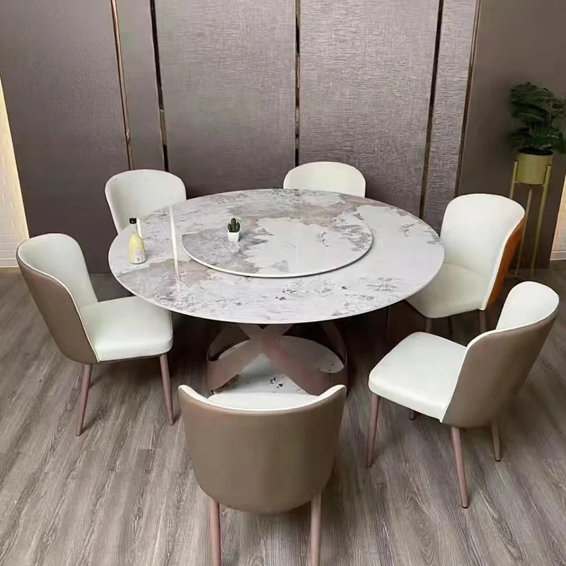 Modern design Italian carbon steel leg rock plate round table sintered marble table with 6 dining chairs