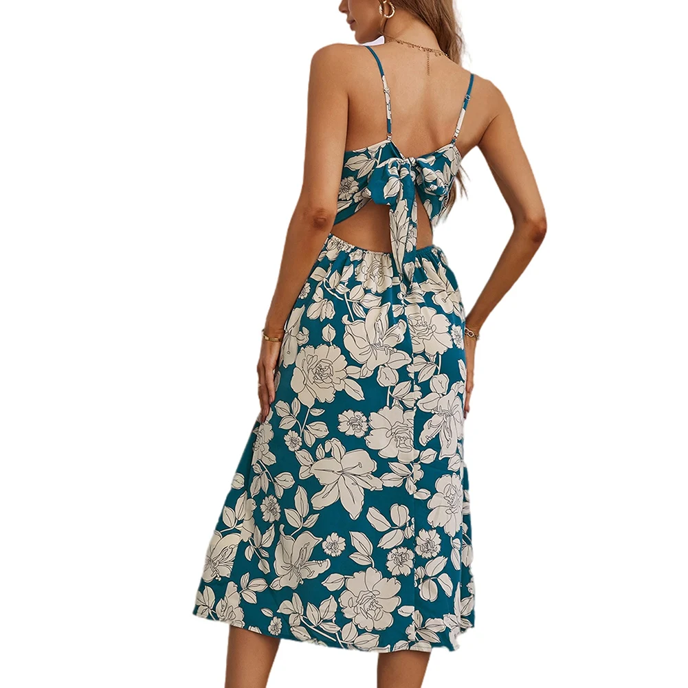 Women Modern Clothing Midi Dress Button Decoration Floral Pattern Slip Sweet Dress