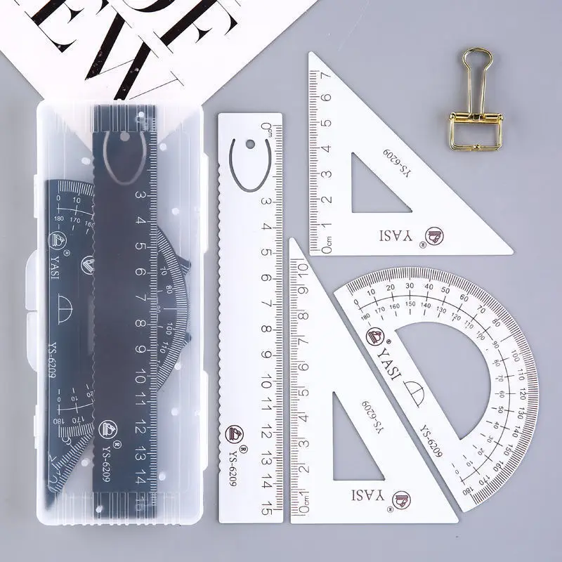 scaleruler for primary school students set ruler black and white iron straight ruler triangle protractor box wholesale four sets