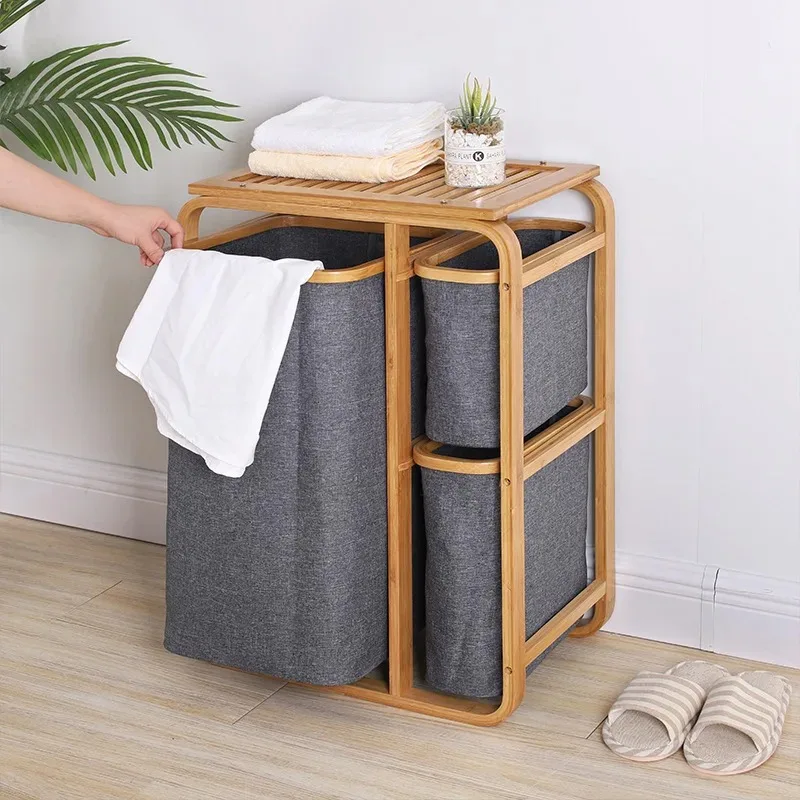 Bamboo Laundry Hamper with 3 Compartment Laundry Cabinet Dirty Clothes Basket with Shelf, Storage Cabinet Laundry Sorter