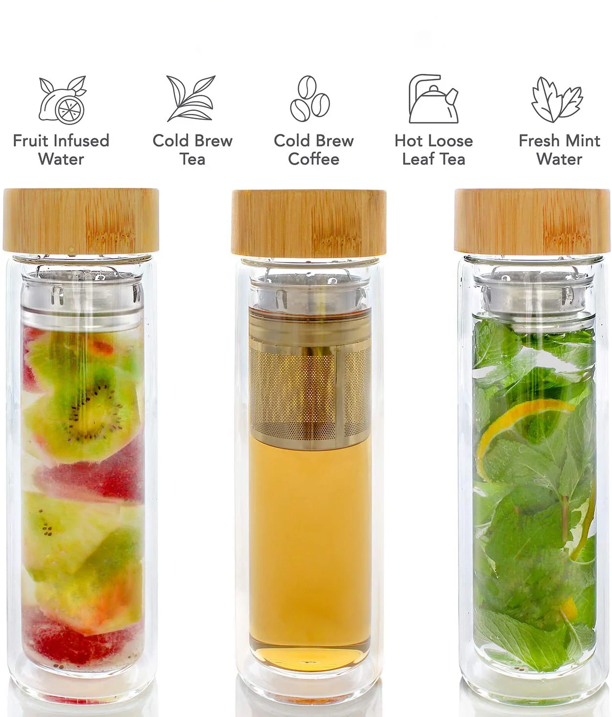 Custom Logo Double Wall Glass Bottles Manufacturer Selling Glass Fruit Tea Infuser Water Bottle with Plastics Lid
