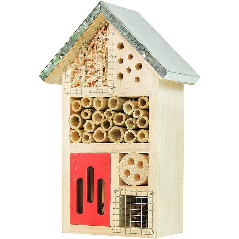 Wooden Insect Hotel with Metal Roof, Bee House with metal Roof, solitary bee hotel for garden