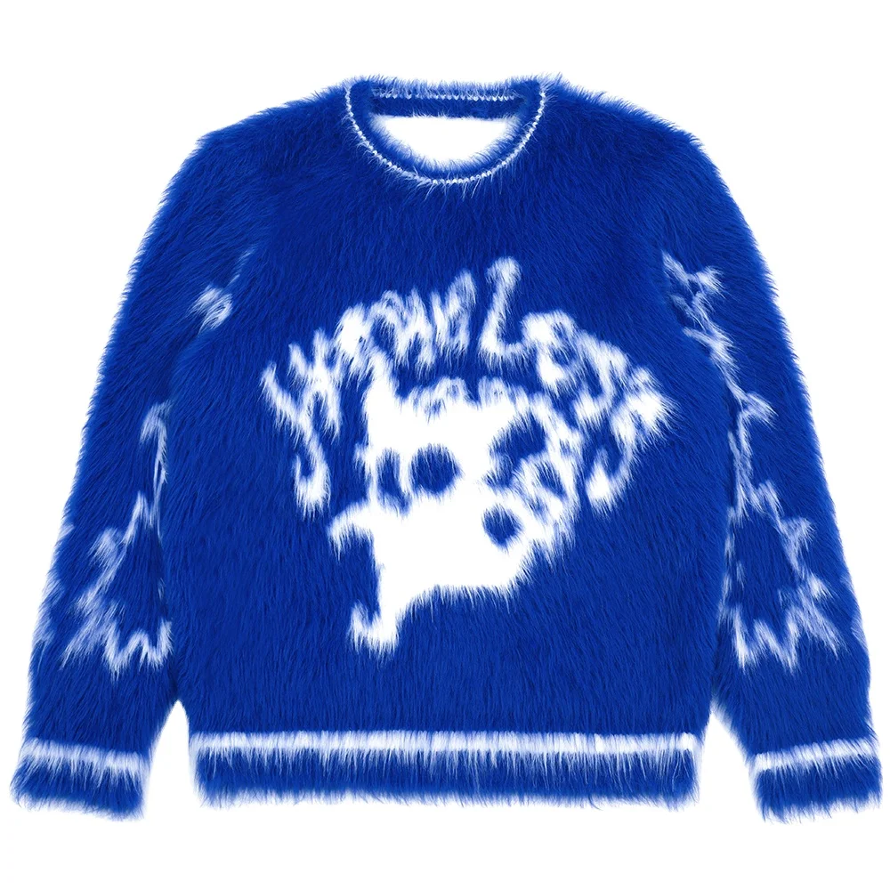 Custom LOGO men mohair sweater Fuzzy jacquard pattern knitwear winter Furry pullover crew neck knitted jumper mohair Sweater men