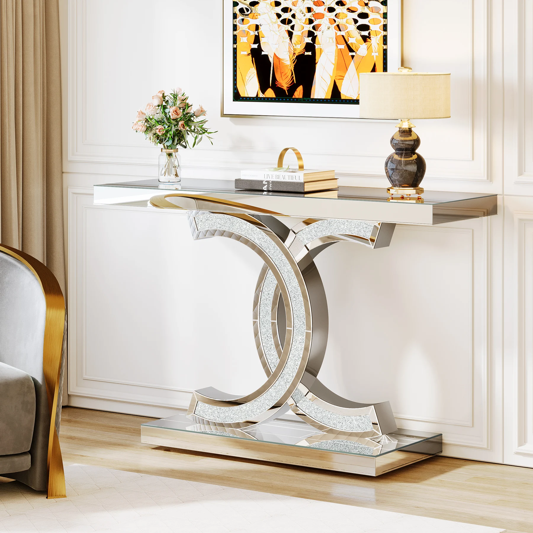 Tribesigns 2024new console furniture modern wooden luxury glass table top mirrored silver hallway table for living room entrance