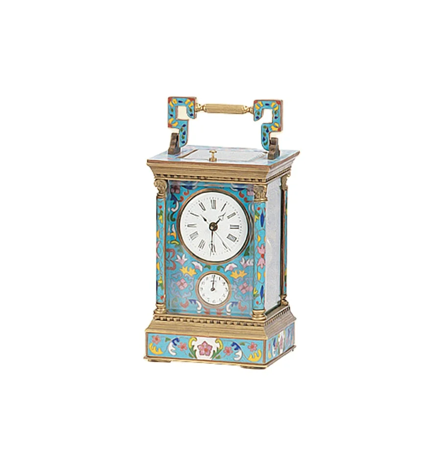 Large French Style Antique Gilt Brass Cased 8 Day Repeater Blue Floral Cloisonne Enamel Decorated  Travel Clock/Watch