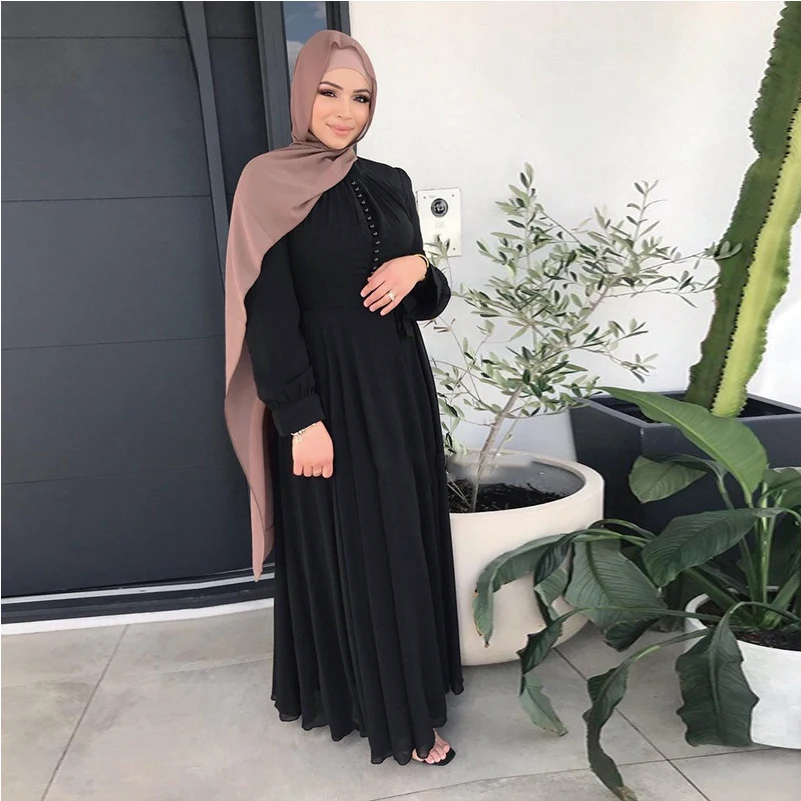 Top sell wrinkle crepe Dubai Women Muslim Dress Clothing Long Sleeves Round Collar Solid Color indian & pakistani clothing